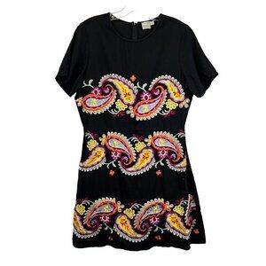 Asos Women’s Short Sleeve Embroidered A-Line Dress Black/Multi Above Knee 10 Zip